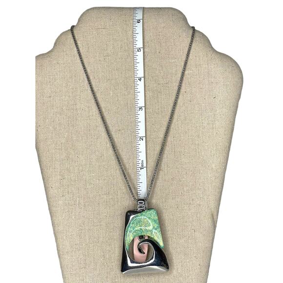 Wave Pendant Necklace Silver Tone and Teal - Picture 5 of 7